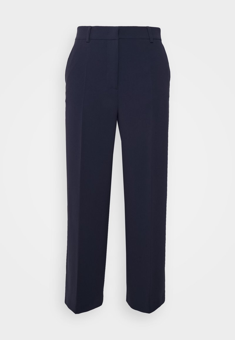 Pantaloni blu navy su misura realizzati in tessuto leggero, con design a gamba dritta, piega frontale e passanti per cintura.