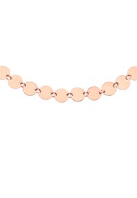 Collana a catena circolare in oro rosa con dischi metallici lisci e lucidi collegati da piccoli anelli metallici. Gli ovali alternano diverse dimensioni.