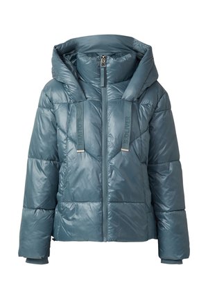 Giacca imbottita in un colore teal attenuato, con un ampio cappuccio, chiusura frontale a zip e logo sulle spalline e sulle maniche.