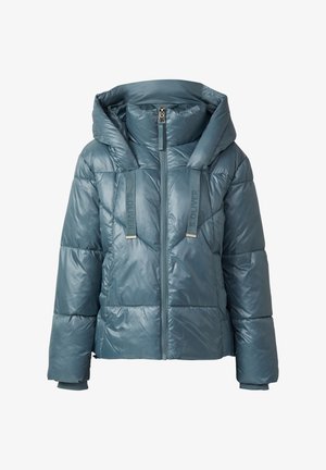 Chaqueta de plumas acolchada en un color teal apagado, con una gran capucha, cierre frontal de cremallera y logotipo en las correas y las mangas.