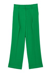 Pantaloni verdi con design a gamba dritta, realizzati in tessuto liscio. Presentano una vita media, pinces frontali e risvolti.