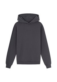 Donkergrijze hoodie van een katoenmix, met een kangoeroezak, geribde manchetten en een relaxte pasvorm. Minimalistisch ontwerp zonder grafische elementen.