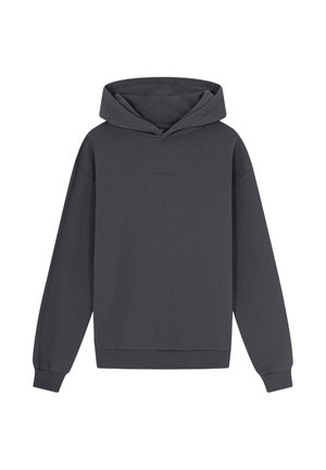 Donkergrijze hoodie van een katoenmix, met een kangoeroezak, geribde manchetten en een relaxte pasvorm. Minimalistisch ontwerp zonder grafische elementen.