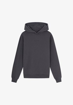 Dunkelgrauer Hoodie aus einer Baumwollmischung, mit einer Kängurutasche, gerippten Bündchen und einem lässigen Schnitt. Minimalistisches Design ohne Grafiken.