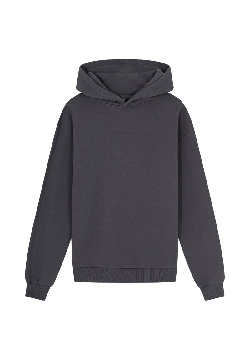 Donkergrijze hoodie van een katoenmix, met een kangoeroezak, geribde manchetten en een relaxte pasvorm. Minimalistisch ontwerp zonder grafische elementen.