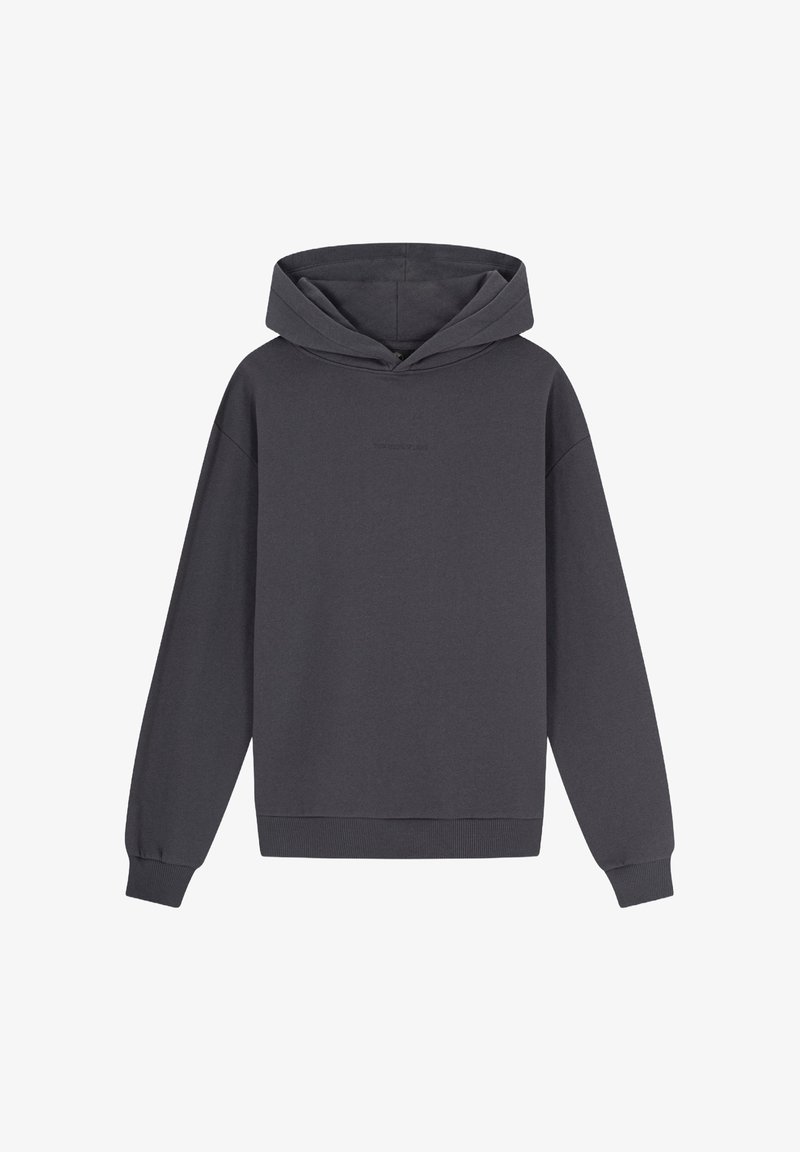 Dunkelgrauer Hoodie aus einer Baumwollmischung, mit einer Kängurutasche, gerippten Bündchen und einem lässigen Schnitt. Minimalistisches Design ohne Grafiken.