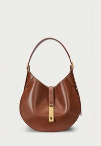 Barna bőrtáska egy vállpánttal, ívelt sziluettel és arany színű kapoccsal, amelyen kis ló logó látható.