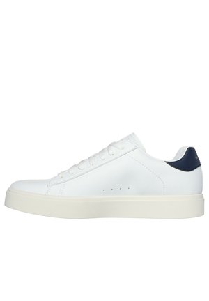 White leather sneakers with a smooth finish, rounded toe, flat white sole, and navy accent at the heel. Features evenly spaced eyelets for laces.