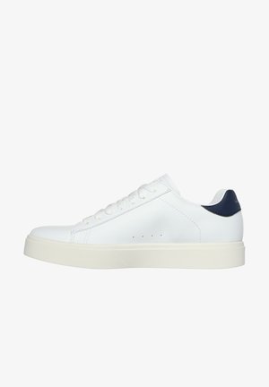 White leather sneakers with a smooth finish, rounded toe, flat white sole, and navy accent at the heel. Features evenly spaced eyelets for laces.