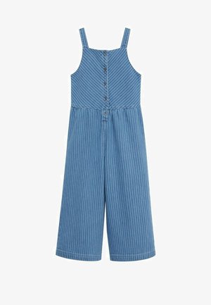 Combinaison en denim bleu avec des rayures verticales blanches, design sans manches, fermeture à boutons sur le devant et jambes larges cropped. Texture douce, style décontracté.