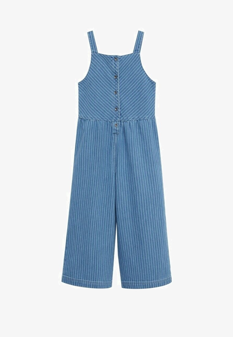 Combinaison en denim bleu avec des rayures verticales blanches, design sans manches, fermeture à boutons sur le devant et jambes larges cropped. Texture douce, style décontracté.