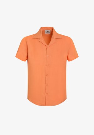 Korte mouwen knoopshirt in een lichtoranje kleur. Gemaakt van textuurstof met een kraag en zes knopen aan de voorkant.
