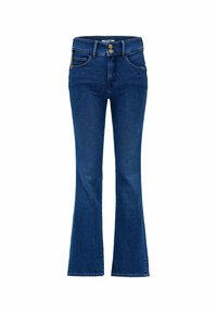 Jeans de mezclilla azul acampanados con tiro alto, dos bolsillos frontales y cierre de botón. Presentan una textura suave y detalles de costura en contraste.
