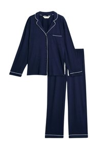 Mørkeblå bomulds pyjamas sæt med langærmet skjorte med knaplukning og bukser med elastisk talje. Hvide piping-detaljer langs kraven og manchetterne.