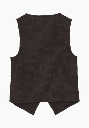 Chaleco sin mangas de color marrón oscuro con tejido texturizado y dobladillo asimétrico, visto desde atrás.