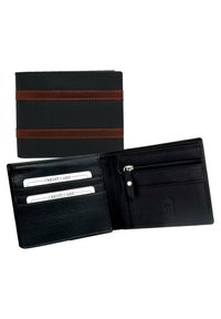 Black leather wallet featuring a textured design, brown accent stripes, four card slots, and a zippered pocket on the interior.