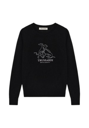 Maglione nero lavorato a maglia con disegno a linee bianche di cani e testo "TRUSSARDI GENTLE SOCIETY" sotto la grafica. Scollo rotondo, maniche lunghe.