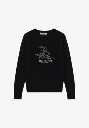Maglione nero lavorato a maglia con disegno a linee bianche di cani e testo "TRUSSARDI GENTLE SOCIETY" sotto la grafica. Scollo rotondo, maniche lunghe.