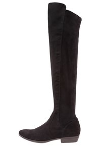 Botas negras de ante hasta la rodilla con un diseño elegante, tacón plano y costuras verticales a lo largo de los lados para un detalle adicional.