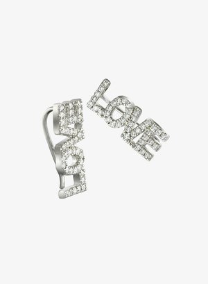 Silver earrings featuring the word "LOVE" with sparkling clear crystals, showcasing a bold, modern design with distinct letter shapes.