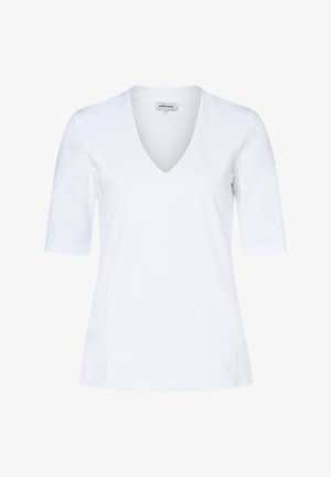 T-shirt blanc à manches courtes et col en V, en coton, présentant une texture douce et une coupe décontractée, sans ornements ni motifs.