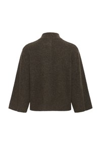 Sötétbarna gyapjús pulóver széles ujjakkal és bordás, magas nyakkal, fehér háttér előtt, hátulról bemutatva.