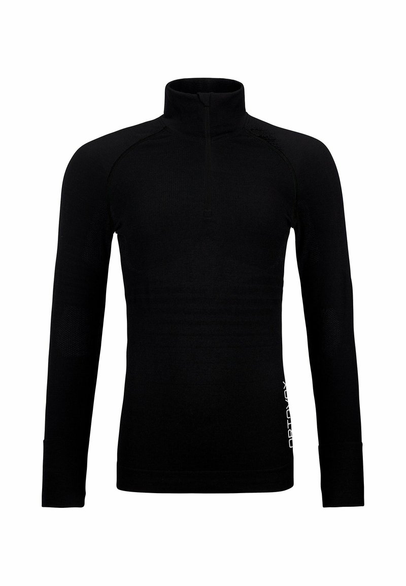 Black long-sleeve pullover with a high collar, featuring a zippered neck and ribbed texture. Logo accent on the side, close-fitting design.