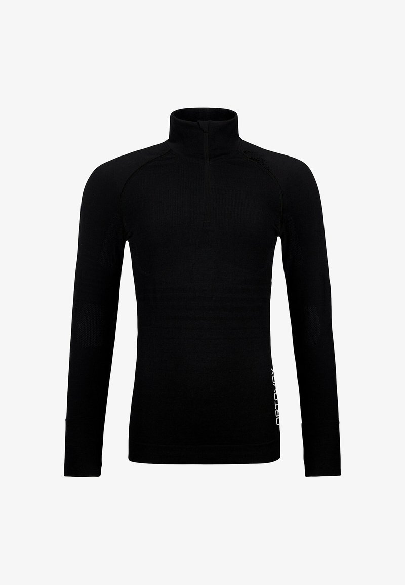 Black long-sleeve pullover with a high collar, featuring a zippered neck and ribbed texture. Logo accent on the side, close-fitting design.