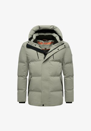 Jasnoszara ocieplana kurtka z kapturem, czarne akcenty, zamek z przodu i napy. Wnętrze z grafiką w kolorze czerwonym. Miękka tekstura.