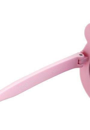 Pink sunglasses with rounded lenses, featuring a flexible, wide plastic arm. Markings include "CE" and "MADE IN CHINA 3-6 YRS."