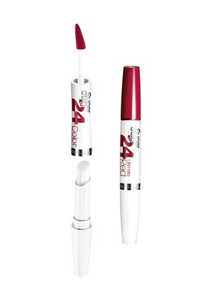 Rouge à lèvres liquide rouge avec un applicateur blanc et un capuchon transparent. Présente une bande argentée et une étiquette "Super Stay 24" en texte noir et rouge.