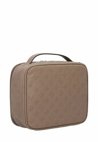 Bruine textiel tas met een reliëf bloemenpatroon, rechthoekige vorm, handvat aan de bovenkant en een ritsluiting. Geschikt voor cosmetica of kleine voorwerpen.