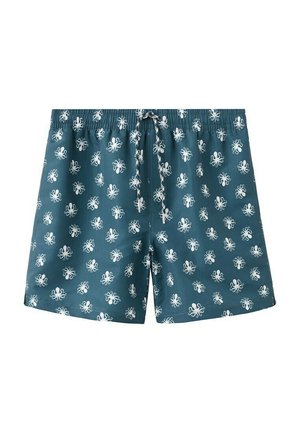 Pantaloni scurți de baie albaștri cu model alb de caracatiță, închidere frontală cu șnur, talie elastică și lungime până la jumătatea coapsei.