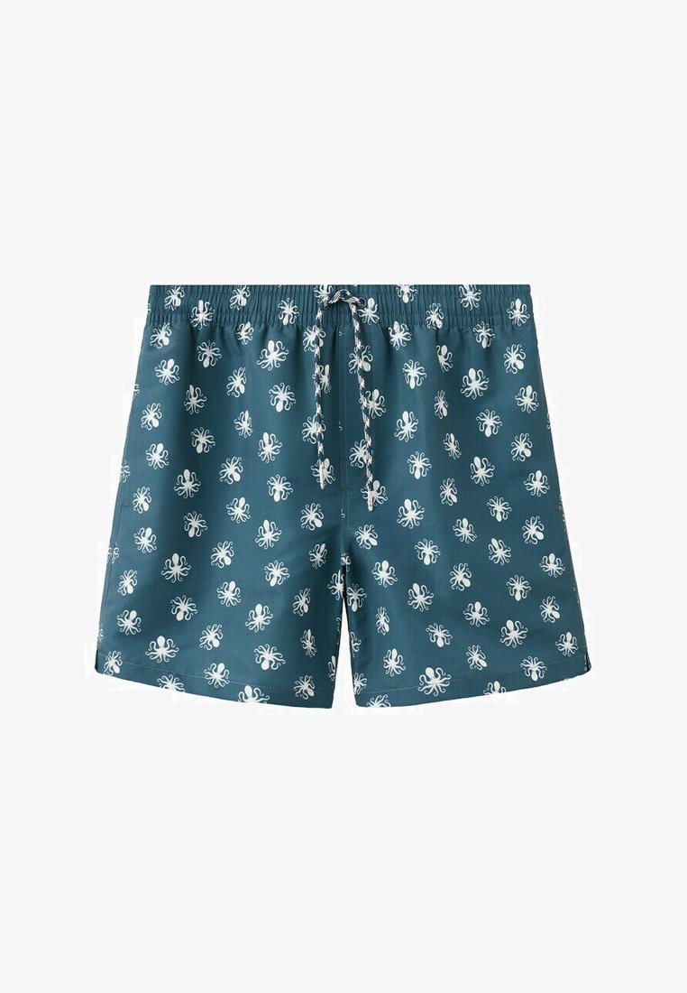 Shorts de bain bleus avec motif pieuvre blanche, fermeture à cordon à l'avant, taille élastique et longueur mi-cuisse.