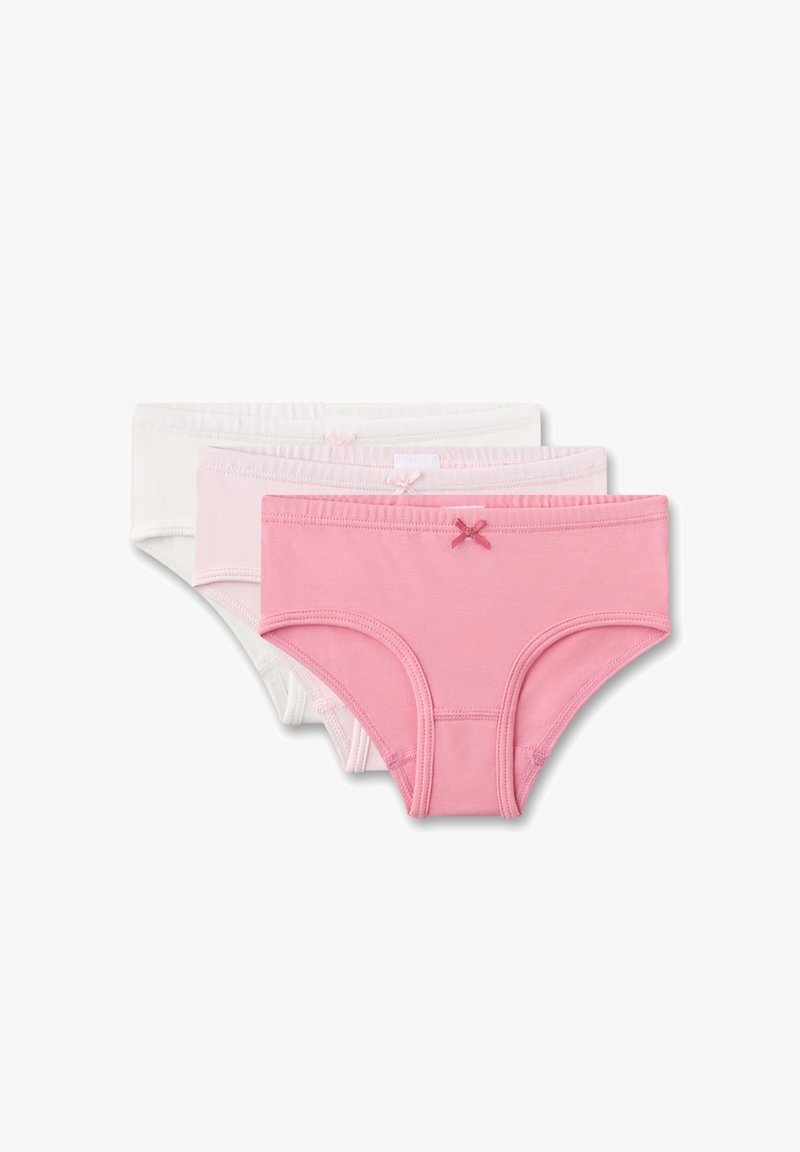 Drei Paare Baumwollunterwäsche: eine weiße, eine hellrosa und eine dunkelpink. Jede hat einen elastischen Bund und kleine Schleifen auf der Vorderseite.