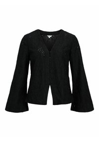 Zwarte blouse met structuur en trompetmouwen, voorzien van een V-hals, knoopsluiting en uitgesneden bloemmotieven in de stof.