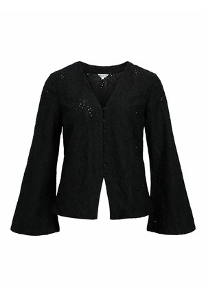 Schwarze Bluse mit strukturierter Oberfläche und Glockenärmeln, ausgestattet mit einem V-Ausschnitt, Knopfleiste und ausgeschnittenen Blumenmustern im Stoff.