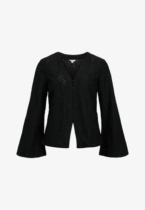 Svart teksturert bluse med klokkearmer, som har V-hals, knappelukking og utskårne blomsterformede mønstre på stoffet.