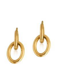 Boucles d'oreilles en or en forme d'anneau, présentant un double design circulaire, avec une finition lisse et polie et un fermoir à crochet robuste.