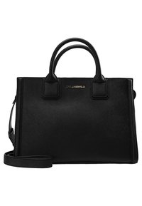 Musta struktuuroitu käsilaukku, joka on valmistettu teksturoidusta keinomateriaalista. Ominaisuuksia ovat kaksi yläkahvaa, irrotettava olkahihna ja kultainen logo-aksentti.