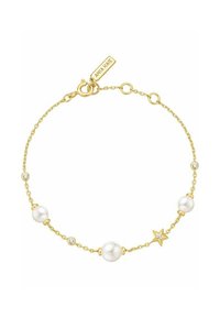 Goldkette Armband mit weißen Perlen, kleinen Edelsteinen und einem Sternakzent. Inklusive einem verstellbaren Verschluss mit einem Markenschild.
