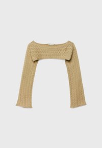 Beżowy sweter typu crop z dzianiny o fakturowanym wzorze i szerokimi rękawami. Posiada kwadratowy dekolt oraz prążkowane wykończenia na mankietach.