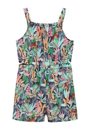 Combinaison sans manches pour enfants avec taille élastique, ornée d'un motif de feuilles tropicales colorées et de tigres sur un tissu bleu foncé.