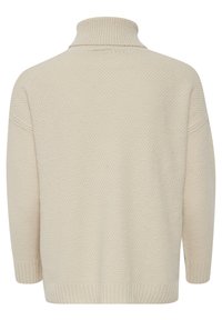 Pull à col roulé tricoté couleur crème avec motif texturé, manches longues, poignets et ourlets côtelés, vu de dos.