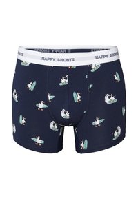 Marineblauwe boxershorts van een zachte stof met een speels patroon van een eend en surfplank; elastische tailleband met de tekst "HAPPY SHORTS".