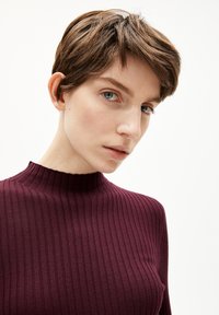 Burgunderfarbener gerippter Rollkragenpullover mit hohem Kragen, der ein strukturiertes Strickmuster und eine figurbetonte Silhouette aufweist. Einfarbiger Hintergrund.