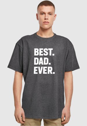 Gray short-sleeve t-shirt featuring bold, white text that states "BEST. DAD. EVER." Fabric displays a smooth texture and relaxed design.