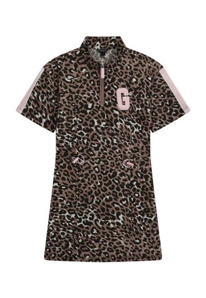 Robe courte imprimé léopard avec manches courtes, fermeture éclair devant, bande latérale rose, cordons à la taille et lettre G rose sur la poitrine.