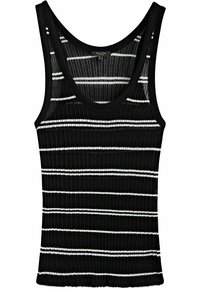 Débardeur à rayures noires et blanches, texture côtelée, col en U, sans manches, avec une fine bordure noire le long du décolleté et des emmanchures.