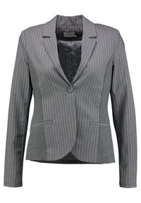 Blazer grigio da donna con sottili righe bianche, chiusura con un solo bottone, colletto con rever e tasche a filetto anteriori.